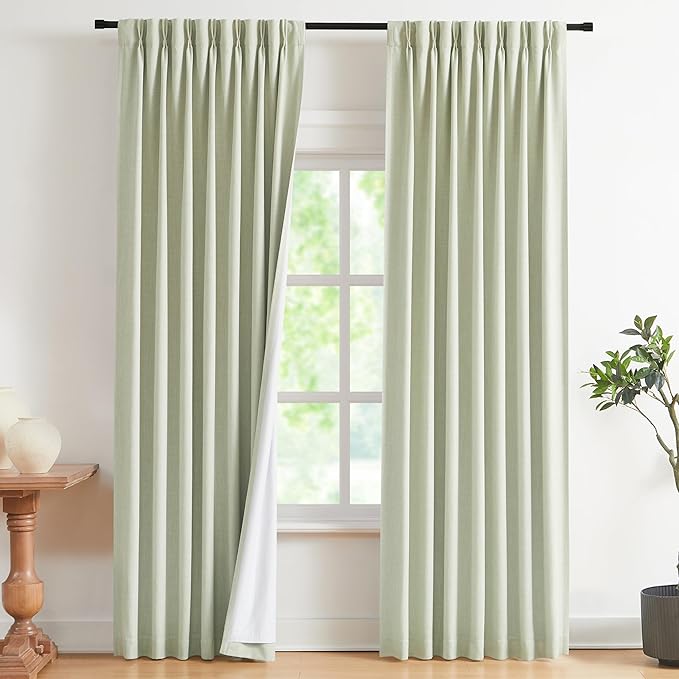Vision Home Soft Green Pinch Pleated Full Blackout Curtains Linen Blended Room Darkening Curtain Panels 84 inch for Living Room Bedroom Thermal Insulated Pinch Pleat Drapes with Hooks 40" Wx84 Lx2-Ruum Studio Home