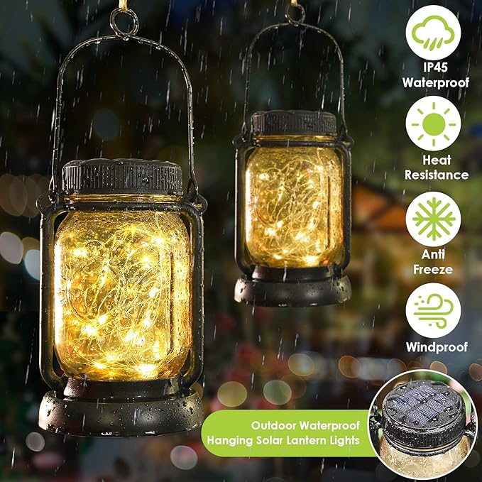 Mlambert 4 Pack Solar Hanging Lantern with Stakes, Outdoor Waterproof Solar Mason Jar Fairy String Lights Decorative Vintage Glass Lamp-Warm White-Ruum Studio Home