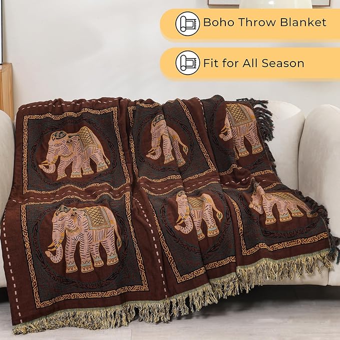 Boho Throw Blanket for Bed with Tassels,100% Cotton Ultra Soft and Cozy Large Blanket Elephant Printed Farmhouse Decor Bed Blankets,60"×80" All Season Rustic Throw for Sofa Couch Chair-Brown-Ruum Studio Home