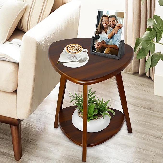 Wood Side Table, Small End Table with Storage Shelf, Accent Table for Living Room, Solid Wood Legs, Walnut-Ruum Studio Home
