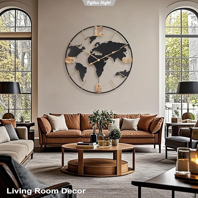 36 Inch Oversized Giant Extra Large Modern Decorative Metal World Map Wall Clock,Big Vintage Gold Arabic Numeral Wall Clocks for Living Room,Entryway,Office,Fireplace,Dining Room-Ruum Studio Home