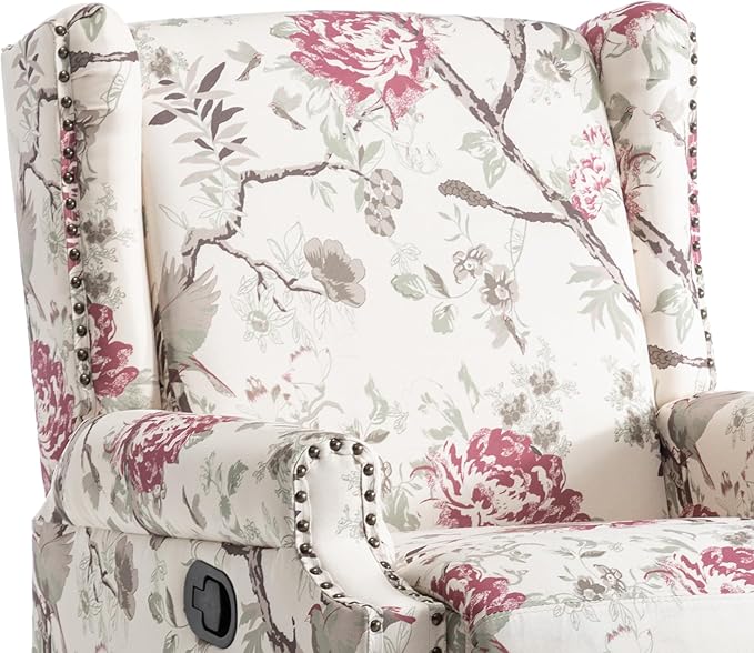 UIXE Swivel Rocker Manual Recliner Chair, Wingback Swivel Glider Fabric Nursery Reclining Sofa Chair, High Back Upholstered Arm Chair for Living Room Bedroom - Beige Floral-Ruum Studio Home
