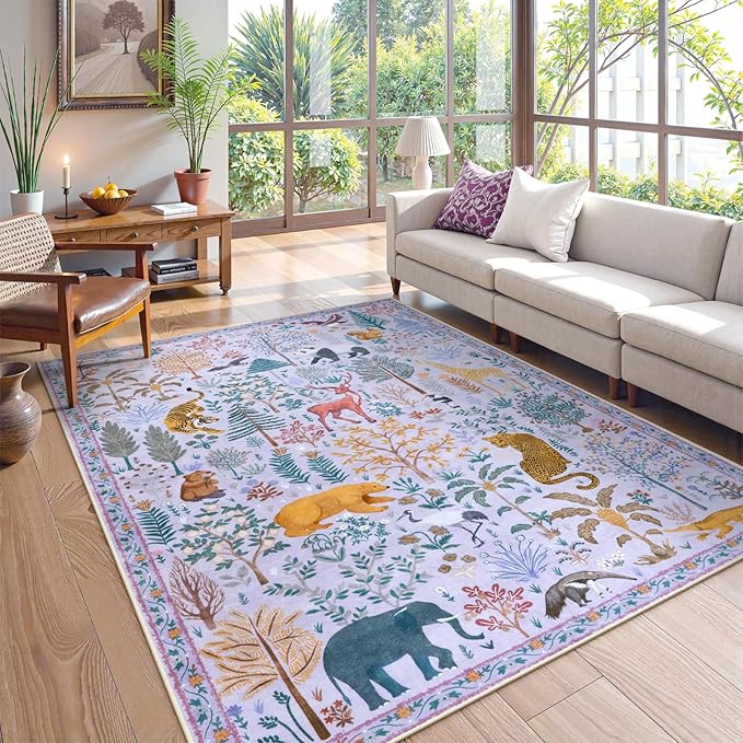 OJIA Animal Print Washable Rug 5x7 Area Rugs for Nursery, Soft Kids Bedroom Rug Ultra-Thin Non-Slip Modern Living Room Carpet, Stain Resistant Throw Carpet for Office Dining Room-Ruum Studio Home