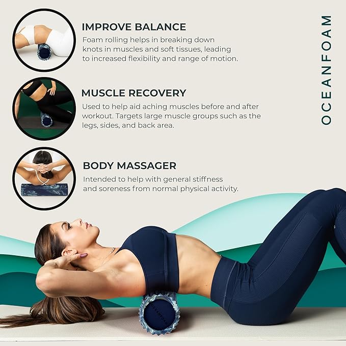 Oceanfoam Tidal Roller - Dark Navy, Hunter & Seafoam Marbled - Muscle Massage Foam Roller for Back Pain & Stretching - Firm & Ergonomic Wide Wave Textured - Yoga & Athletics - Full Size, 20" x 5"-Ruum Studio Home