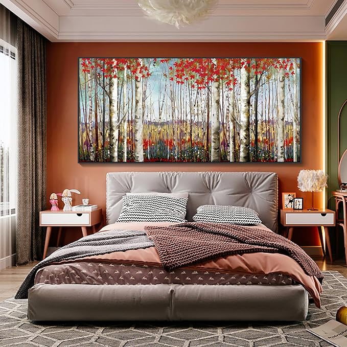 Mofutinpo Large Framed Wall Decor canvas Red Leaves White Birch Tree Wall Art For Living Room bedroom rustic kitchen Modern painting Artwork 29x58 Large Size Black Framed-Ruum Studio Home