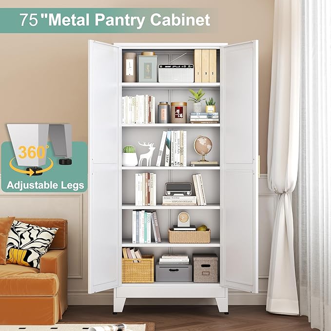 Metal Pantry Cabinet with 2 Doors and 5 Adjustable Shelves, 75" Kitchen Storage cabinets with Gold Handles, Versatile Storage for Laundry Room, Living Room, Bathroom, Dinning Room, Utility Room-White-Ruum Studio Home