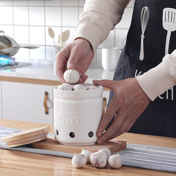 Large Garlic Keeper with Wooden Lid, Ceramic Garlic Holder Storage, Garlic Container for Kitchen, Garlic Saver to Keep Your Garlic Cloves Fresh Longer 4.5-Inch, White-Ruum Studio Home