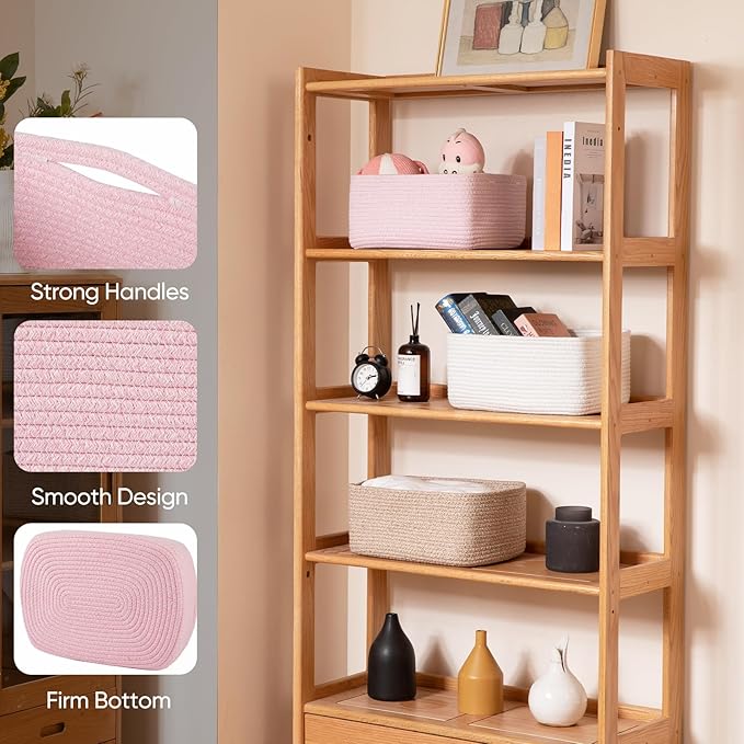 OIAHOMY 4 Pack 14.17*11.02*6.3IN Storage Baskets for Organizing Shelves, Woven Rope Baskets for Organizing Books, Clothes, Decorative Basket for Living Room, Nursery, Bedroom, Gift Basket, Pink-Ruum Studio Home