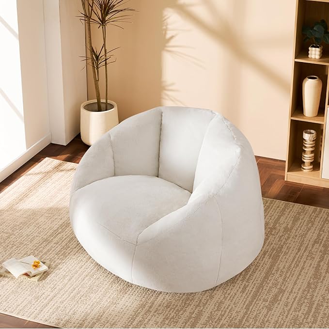 Giant Bean Bag Swivel Chair for Adults - Comfy Plush Round Shell Soft Accent Chair, Oversized Cozy Floor Sofa for Living Room, Bedroom & Game Rooms, Beige-Ruum Studio Home