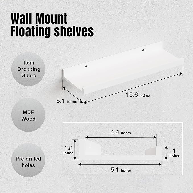 RICHER HOUSE 5 Set White Floating Shelves, Wall Mounted Shelves for Wall Decor, Modern Picture Ledge Shelf with Lip for Wall Storage Nursery, Bedroom, Living Room, Bathroom - White-Ruum Studio Home