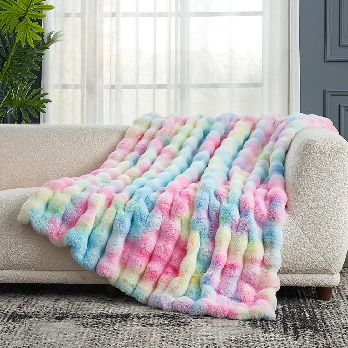 Cozy Bliss Faux Fur Throw Blanket for Couch, Fuzzy Soft Plush Thick Bubble Blanket for Sofa Bedroom Living Room,50 * 60 Inches Tie-dye Rainbow-Ruum Studio Home