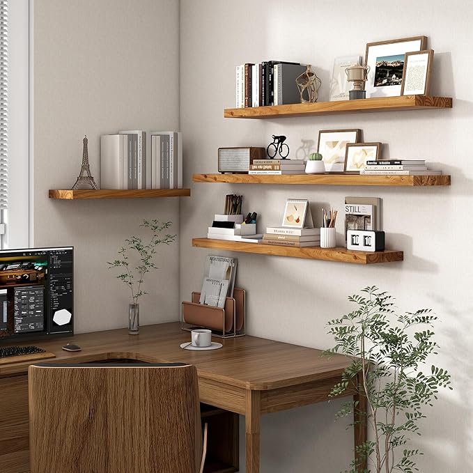 Axeman Floating Shelves for Wall - 32''W x 8'' D Rustic Solid Elm Wood Shelves for Storage, Wall Mounted Display Shelving with Invisible Heavy-Duty Metal Bracket (Natural, 2PCs)-Ruum Studio Home