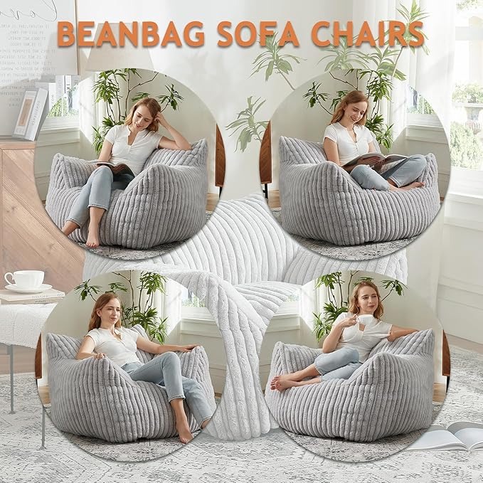 Giant Bean Bag Chairs for Adults with Filling Plush Fluffy Bean Bag Chairs for Teens with Armrests Comfy BeanBag Lazy Couch Sofa Chair for Bedroom Living Room Reading-Ruum Studio Home
