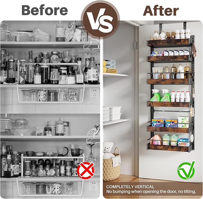 6 Tier Over The Door Pantry Organizer, 2 IN 1 Wall Mount or Metal Hanging Spice Rack for Pantry Organizers and Storage, Seasoning Shelves，Adjustable Basket with Hooks for Kitchen, Bathroom,Laundry-Ruum Studio Home