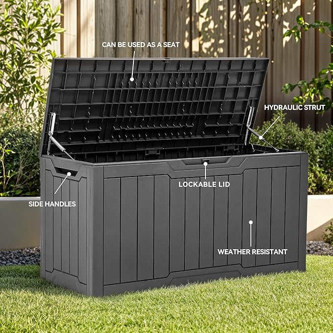 YITAHOME 100 Gallon Outdoor Storage Box, Large Water Resistant Resin Deck Box, Indoor Outdoor Lockable Storage Container for Patio, Garden, Cushions, Tools, Equipment (Dark Gray)-Ruum Studio Home