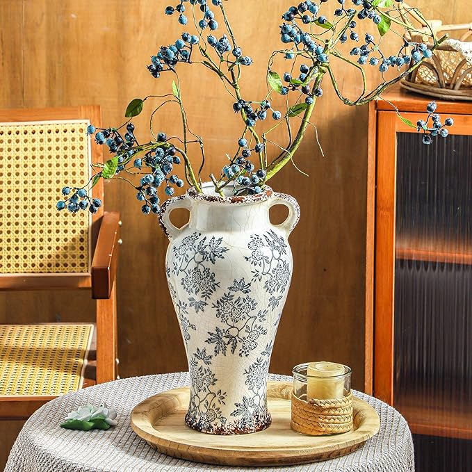Enra Vintage vase with Handle,12.6 inch Blue and White Ceramic Decorative Flower vase, Chinoiserie Floral Vase,Large Rustic Vases for Home Decors, Living Room, Bookshelf, Office-Ruum Studio Home