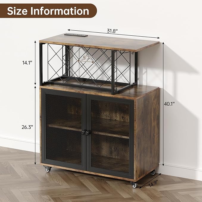 Wine Bar Cabinet with Wheels, 4-Tier Bar Cart with Power Outlets and LED Light, Liquor Cabinet Home Mini Bar with Wine Rack, Coffee Bar Cabinet for Liquor, Rustic Brown-Ruum Studio Home