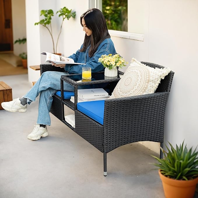 Flamaker Outdoor Furniture Patio Loveseat Wicker 2-Seat with Built-in Table and Cushions Rattan Porch Chairs Bench for Balcony, Lawn, Backyard (Blue)-Ruum Studio Home