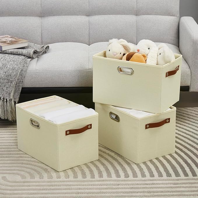 Large 3-Pack Foldable Fabric Storage Bins with Durable PU & Metal Handles , Collapsible Storage Baskets for Shelves, Home Storage, Closet Organizers, Living Room(14.9"x9.8"x9.8", Beige)-Ruum Studio Home