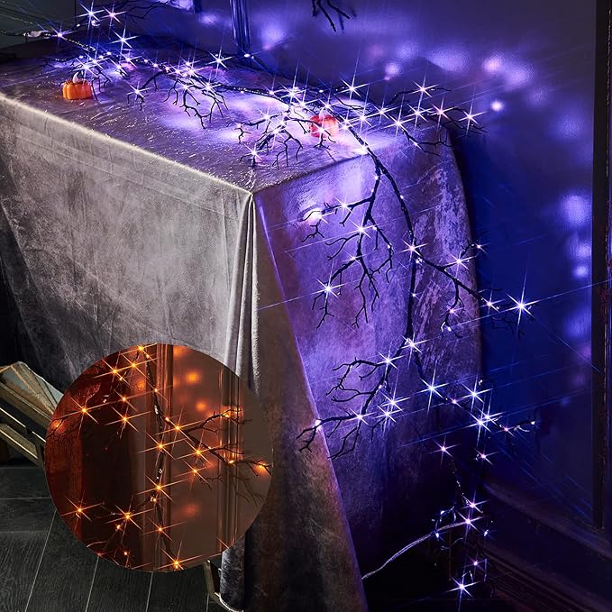 Birchlitland Halloween Lighted Garland 6FT 120L Orange and Purple Bi-Color LED Lights 8 Functions, Black Glittered Garland Lights Battery Operated for Indoor and Outdoor Halloween Party Decoration-Ruum Studio Home