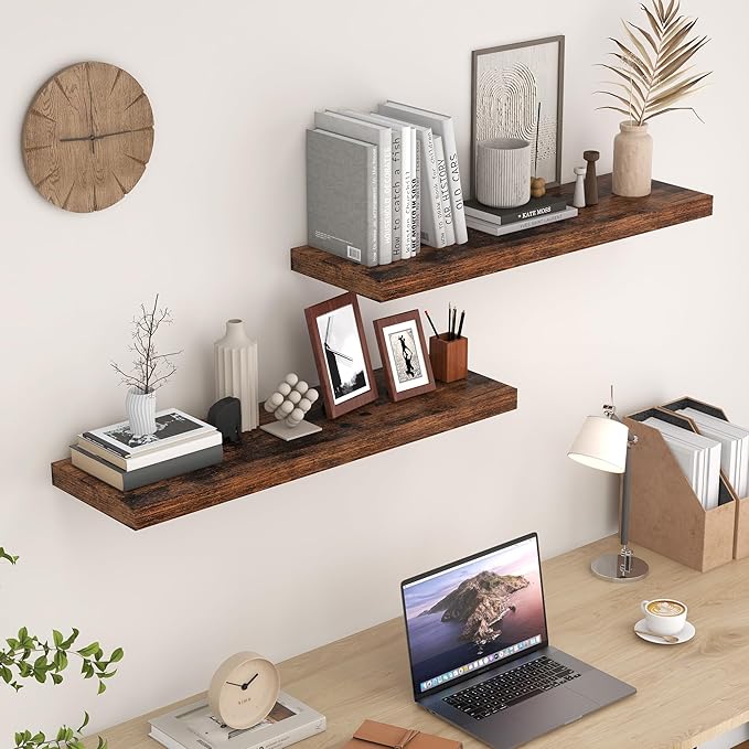 Fun Memories Rustic Wood Floating Shelves for Wall, 36 x 9 Wall Shelves Set of 2, Deep Floating Shelf for Kitchen, Living Room Storage & Display, Deep Wooden Bookshelf, Rustic Brown Color-Ruum Studio Home