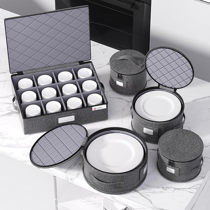 YearningHome China Storage Containers,Hard Shell Box with Felt Dividers for Dishes,Dinnerware,Plates,Mugs,Wine and Glasses,Mugs,Stackable Fine China Storage for Moving and Packing 5 Piece,Grey-Ruum Studio Home