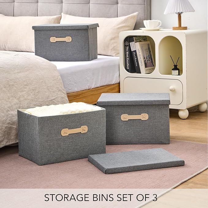 Enzk&Unity Decorative Storage Boxes with Lids, 3 Pack Grey Fabric Storage Bins with Handle, Foldbale and Stackable Storage Boxes for Shelf, Closet, Bedroom, Living Room-Ruum Studio Home