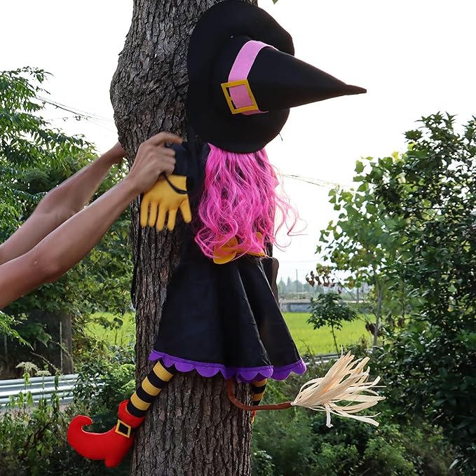 POPGIFTU 51" Halloween Crashing Witch Decoration – Pink Flying Witch for Tree, Yard, Porch, and Indoor Outdoor Halloween Décor-Ruum Studio Home