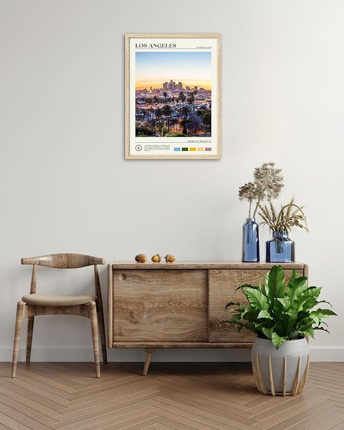 HesenDot Natural OAK Wood Los Angeles Cityscape Framed Wall Art,12x16in City Skyline Canvas Wall Print,Modern Urban Landmark Wall Decor for Living Room,Bedroom,Office Gallery Gifts Set of 1-Ruum Studio Home