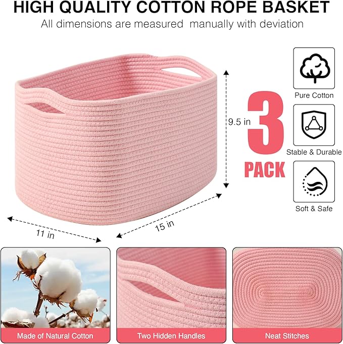 Storage Baskets for Organizing Shelves, Pink Basket for Nursery, Woven Cotton Rope Baskets for Storage, Towel Basket for Bathroom, 15"x11"x9.5", 3 Packs, Light Pink-Ruum Studio Home