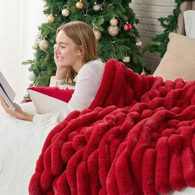 Cozy Bliss Faux Fur Throw Blanket for Couch, Cozy Warm Plush Striped Blanket for Sofa Bedroom Living Room,60 * 80 Inches Cardinal Red-Ruum Studio Home