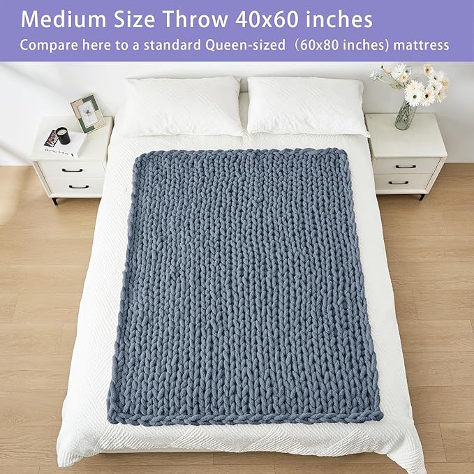 Bigacogo Chunky Knit Throw Blanket for Couch, 40x60 inches, 100% Hand Knitted with Thick Jumbo Chenille Yarn, Cozy Soft Large Rope Knot Cable Crochet Blankets for Sofa Bed Living Room, Cold Sea Blue-Ruum Studio Home