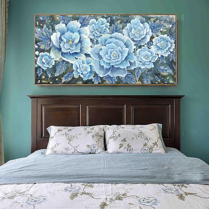 Extra Large Wall Art for Living Room, Framed Big Floral Blue Flower Canvas Print, Modern Oversized Blossom Peony Wall Picture Botanical Artwork for Dining Room Bedroom & Office Décor-Ruum Studio Home