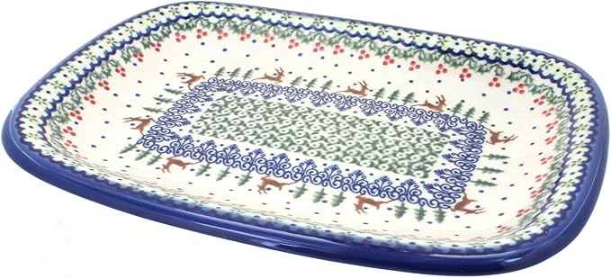 Blue Rose Polish Pottery Reindeer Delight Medium Rectangular Serving Platter-Ruum Studio Home