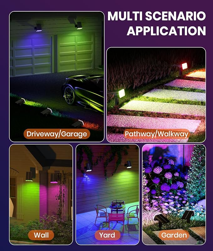 Solar Spot Lights Outdoor 2-Pack Multicolor IP65 Waterproof RGB - 6 Colors, 2 Modes, 105° Adjustable 58 LED Flood Lights, Solar Powered Spotlights for Yard, Garden, House & Landscape Lighting Outside-Ruum Studio Home