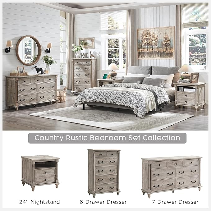 T4TREAM 24'' Farmhouse End Table w/4 Solid Wood Feet, Large 2 Drawers Wide Sofa Side Table with Charging Station, Tall Rustic Wood Square Nightstand for Living Room, Bedroom, Office, Light Rustic Oak-Ruum Studio Home