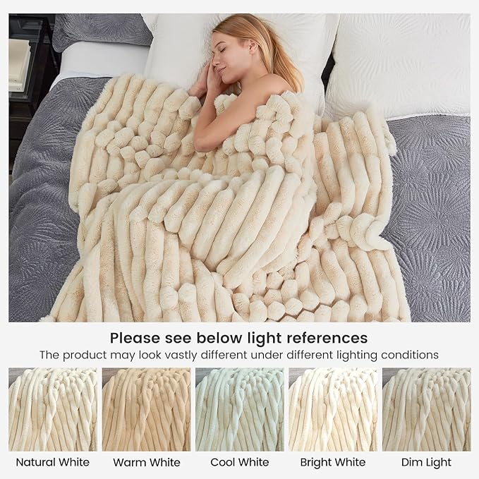 Cozy Bliss Faux Fur Throw Blanket for Couch, Cozy Warm Plush Striped Blanket for Sofa Bedroom Living Room,60 * 80 Inches Beige-Ruum Studio Home