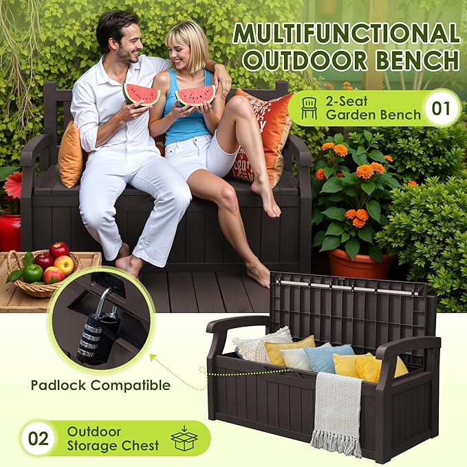 Greesum 80 Gallon Outdoor Storage Bench, Resin Patio Furniture with Armrest,Waterproof and UV-Resistant, Perfect to Garden, Poolside and Lawn, Dark Brown-Ruum Studio Home