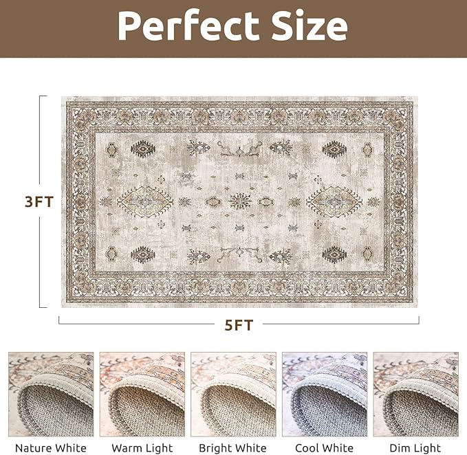 AMOAMI-Vintage Area Rug 3x5 Brown Rugs for Living Room-Soft Washable Rug Non Slip Entryway Rug Indoor Vintage Throw Accent for Bedroom Laundry Room Dining Bathroom Bedside-Ruum Studio Home
