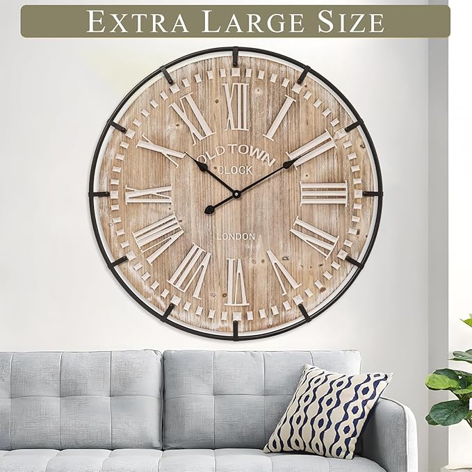 Farmhouse Wall Clock 30 Inch - Rustic Wood Metal Decor, Silent Sweep, Battery Operated for Living Room Kitchen Office, Brown-Ruum Studio Home