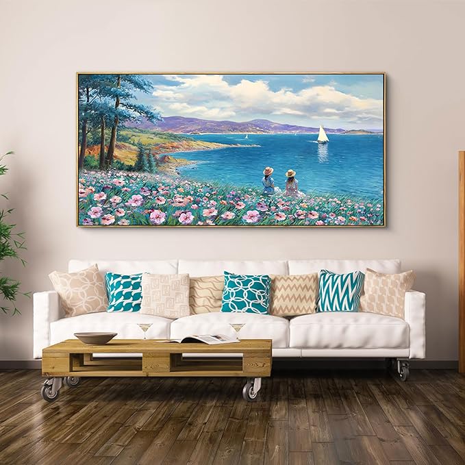 XLSJERST Large Landscape Wall Art - Blue Ocean Pink Flower Sailboat Mountain Tree Decor Orange Frame Artwork for Wall Large Picture for Living Room Bedroom Home Office Wall Decoration Size 29x58-Ruum Studio Home