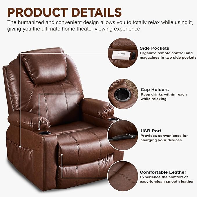 SALOHZA Power Lift Recliner Chair for Elderly with Massage and Heat for Living Room, Electric Recliner Chair for Adults with USB/Type C Port/Cup Holders, PU Faux Leather, Dark Brown-Ruum Studio Home