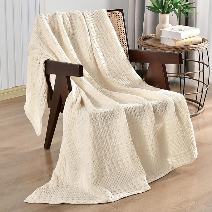 PHF 100% Cotton Waffle Weave Throw Blanket, Soft Lightweight Breathable Cozy Summer Throws for Couch Bed Sofa, Luxury Aesthetic Woven Blanket for Home Decor & Office, 50"x60", Undyed-Ruum Studio Home
