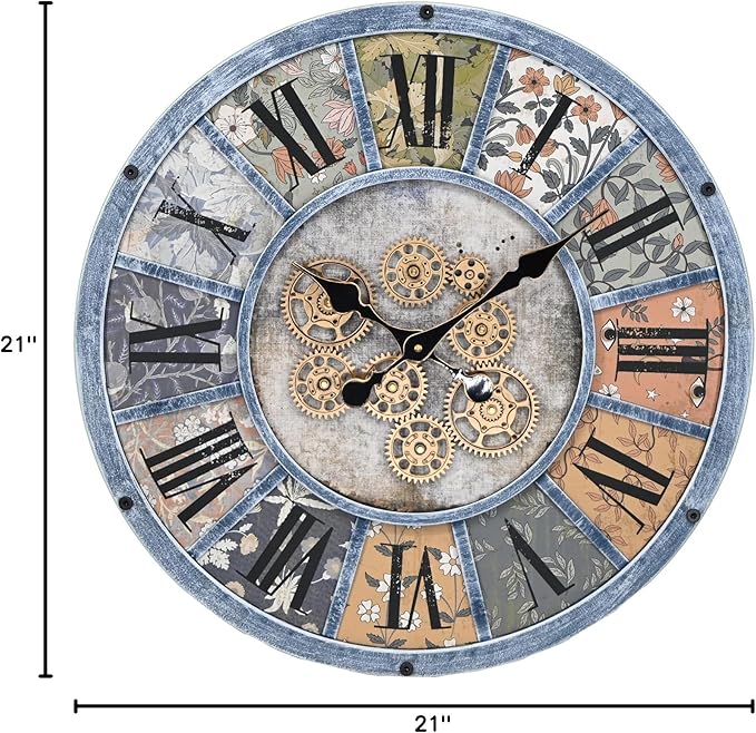 Unique Moving Gear Large Round Wall Clock 21inch-Battery Powered. Retro Industrial Steampunk Country Farmhouse Decor for Living Room Kitchen Bars cafes Offices(Blue/metal/21)-Ruum Studio Home