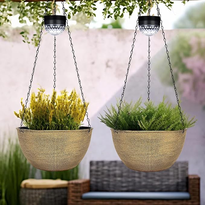 2 Packs Hanging Planters Basket for Outdoor Plants, Solar Powered Self Watering Copper Round Plastic Flower Pots with Drainer for Balcony Patio Garden Outdoor Decoration-Ruum Studio Home