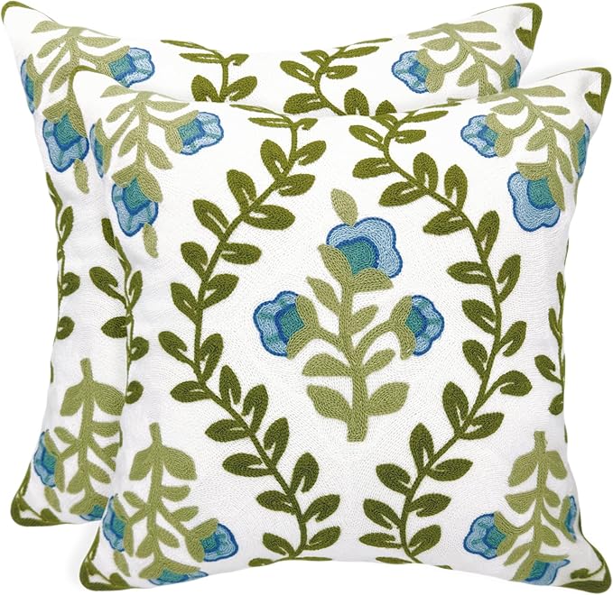 Alysheer Floral Embroidered Summer Decorative Throw Pillow Covers 18"x 18" Set of 2, Farmhouse Blue Flowers Green Vines Patterned Cotton Cushion Cases for Couch Bed Living Room Cottage Decor-Ruum Studio Home