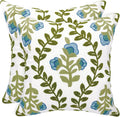 Alysheer Floral Embroidered Summer Decorative Throw Pillow Covers 20"x 20" Set of 2, Farmhouse Cottage Blue Flowers Green Leaves Knit Pattern Cotton Canvas Cushion Case for Couch Bed Living Room-Ruum Studio Home
