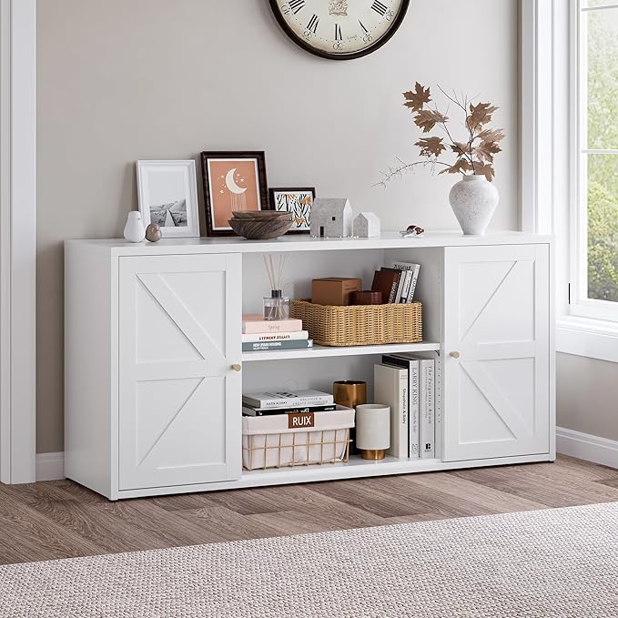 Farmhouse - Style 65 - inch Metal TV Stand: Entertainment Center with Locker, Barn - Style Doors, Adjustable Partition. Medieval Modern Media Console Table for Living Room & Bedroom (White)-Ruum Studio Home