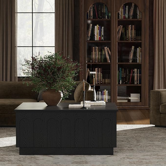 Lift Top Coffee Table with Storage, Modern Coffee Table with Arched Design, 31.5" Square Tea Table with Wood Grain, Minimalist Multifunctional Center Table for Living Room, Office, Black-Ruum Studio Home