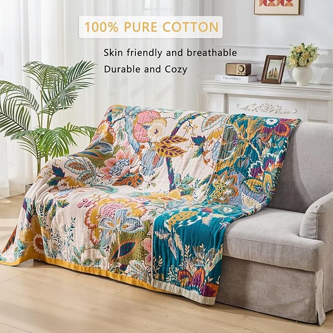 Boho Throw Blanket, Reversible Cotton Bohemian Tapestry Hippie Room Decor Double Sided, 100 Cotton King Size Bed Throw, Lightweight Summer Blanket for Travel, Sofa, Picnic,90"x98"-Ruum Studio Home